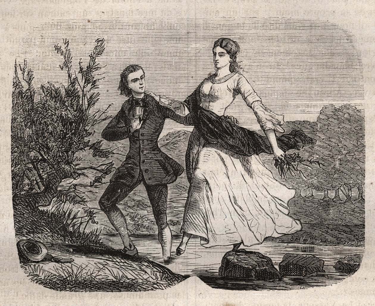 Jean Jacques (Jean-Jacques) Rousseau (1712-1778) svájci filozófus segített Mademoiselle Galley-nak átkelni egy patakon. Metszet 1871-ből a "Histoire Des Cocus Celebres" könyvébe Henry de Kock (1819-1892). alkotó: French School