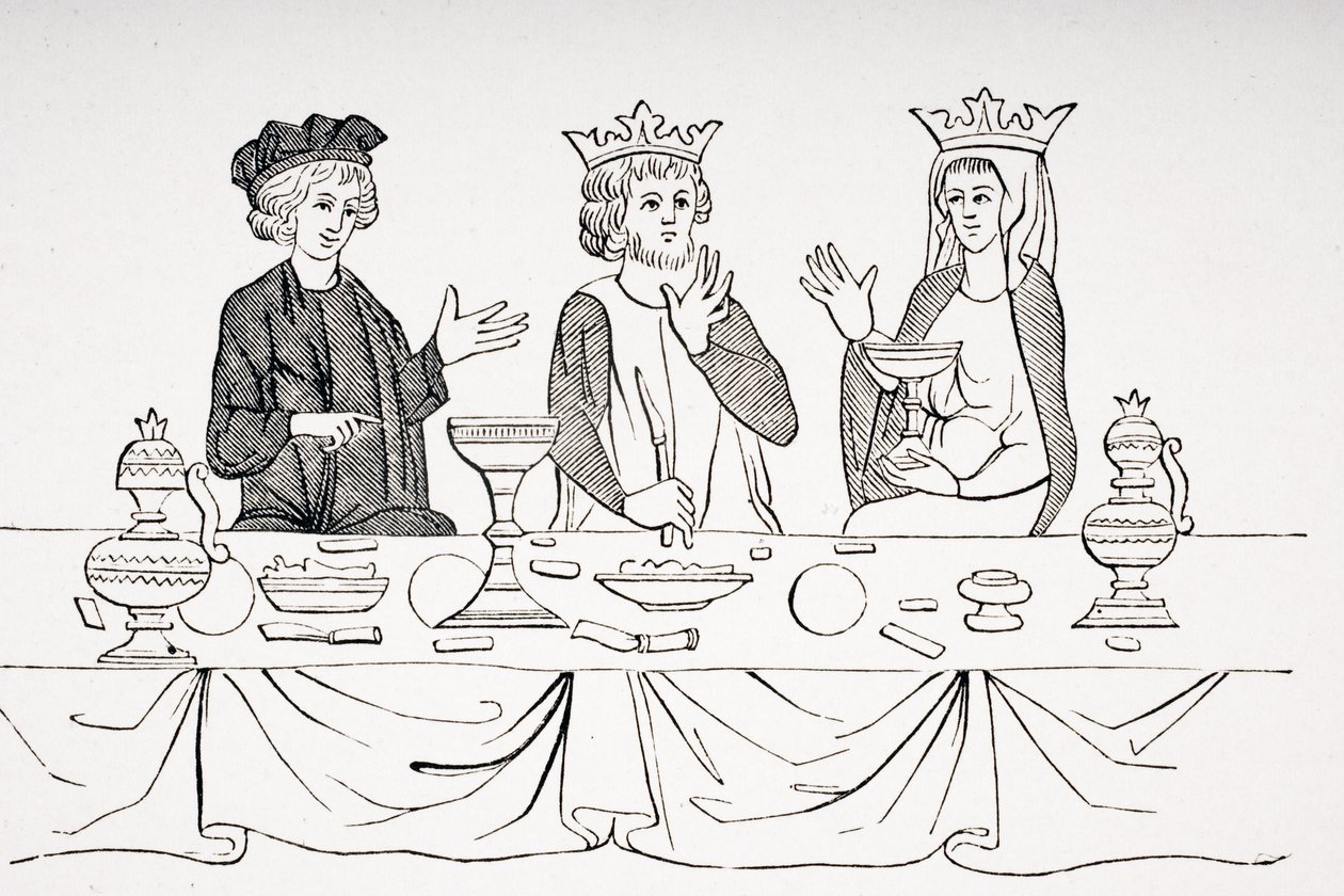 Egy báró asztala a 13. században, Paul Lacroix (1806-84) 1847-ben megjelent "Histoire de St. Graal" miniatúrája nyomán a "Le Moyen Age et La Renaissance" alkotó: French School