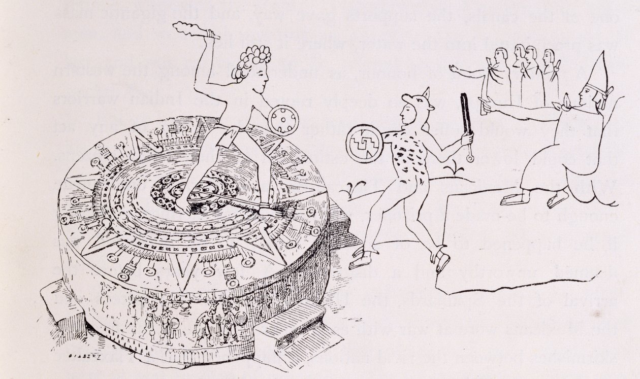 A Temalacati vagy Gladiátorkő, a Codex Ramirezből, az „Az új világ ősi városaiból”, Claude-Joseph-Desire Charney, pub. 1887 alkotó: French School