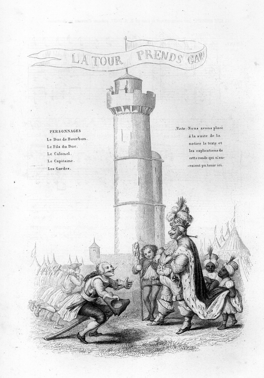 A torony óvatos. Egy fegyveres ezredes jön le a királyhoz, majd lapok. Gravírozás „” Chants et chansons populaire de la France””, 2. kötet alkotó: French School