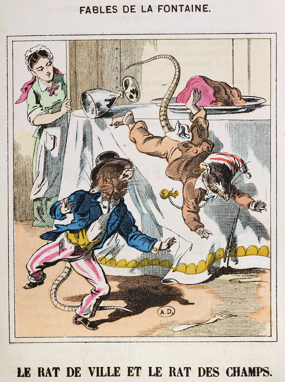 A városi egér és a vidéki egér a „Fables de La Fontaine”-ból (színes metszet) alkotó: French School