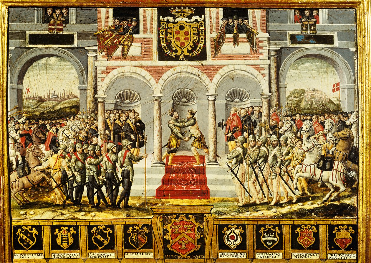 A Cateau-Cambresis-i szerződés és II. Henrik (1519-59) francia és II. Fülöp (1527-98) spanyol ölelése, 1559. április 2-3. alkotó: French School