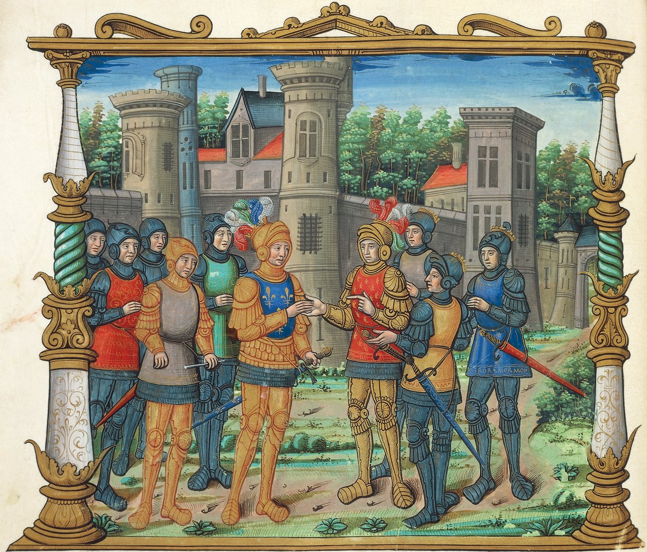 A Conflans-i szerződés (Conflans-i béke) XI. Lajos és Burgundia hercege között, miniatűr Philippe de Commines Memoires-jából, kéziratos folio 32 verso, Franciaország 16. század. alkotó: French School