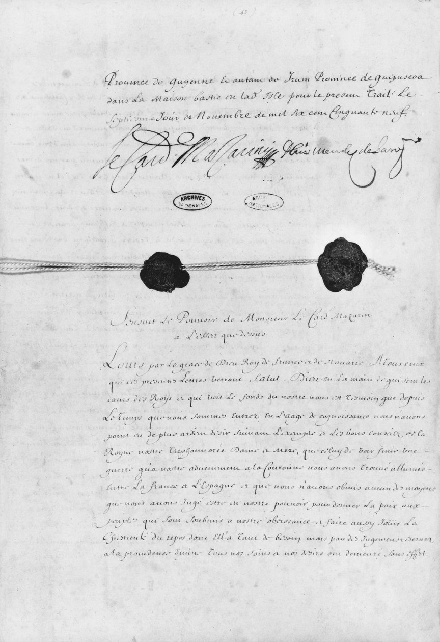 A pireneusi szerződés, amelyet Jules Mazarin (1602-61) bíboros és Don Luis Mendez de Haro (1598-1661) írt alá 1659. november 7-én alkotó: French School