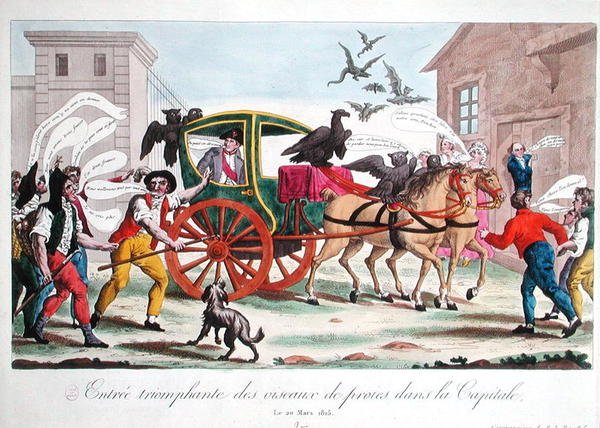 A ragadozómadarak diadalmas bevonulása a fővárosba, Napóleon (1769-1821) Párizsba való visszatérésének karikatúrája, 1815. március 20. (színes metszet) alkotó: French School