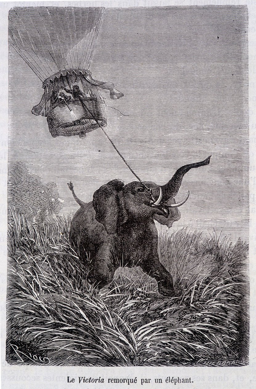 Az elefánt által vontatott Viktória – Jules Verne regényében: Öt hét léggömbben alkotó: French School