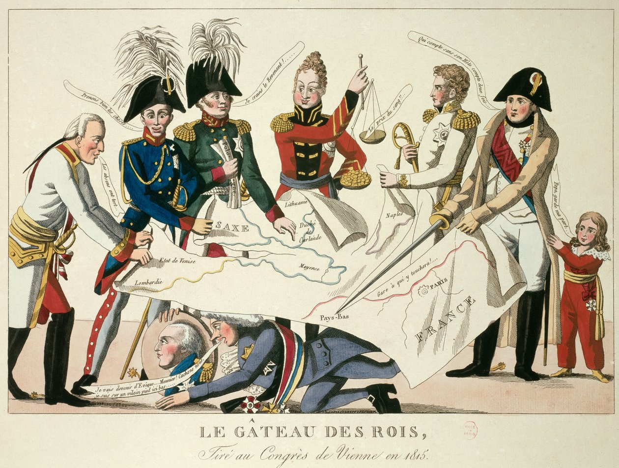 Bécsi Kongresszus 1815. 06. 22-én: a királyok tortája. Újra egyesítette a nyolc világhatalmat, és I. Napóleon birodalmának bukása után igyekezett újra meghatározni a határokat. I. Sándor, Oroszország cárja; H. R. Stewart, Castlereagh; I. Ferenc József, Au  alkotó: French School