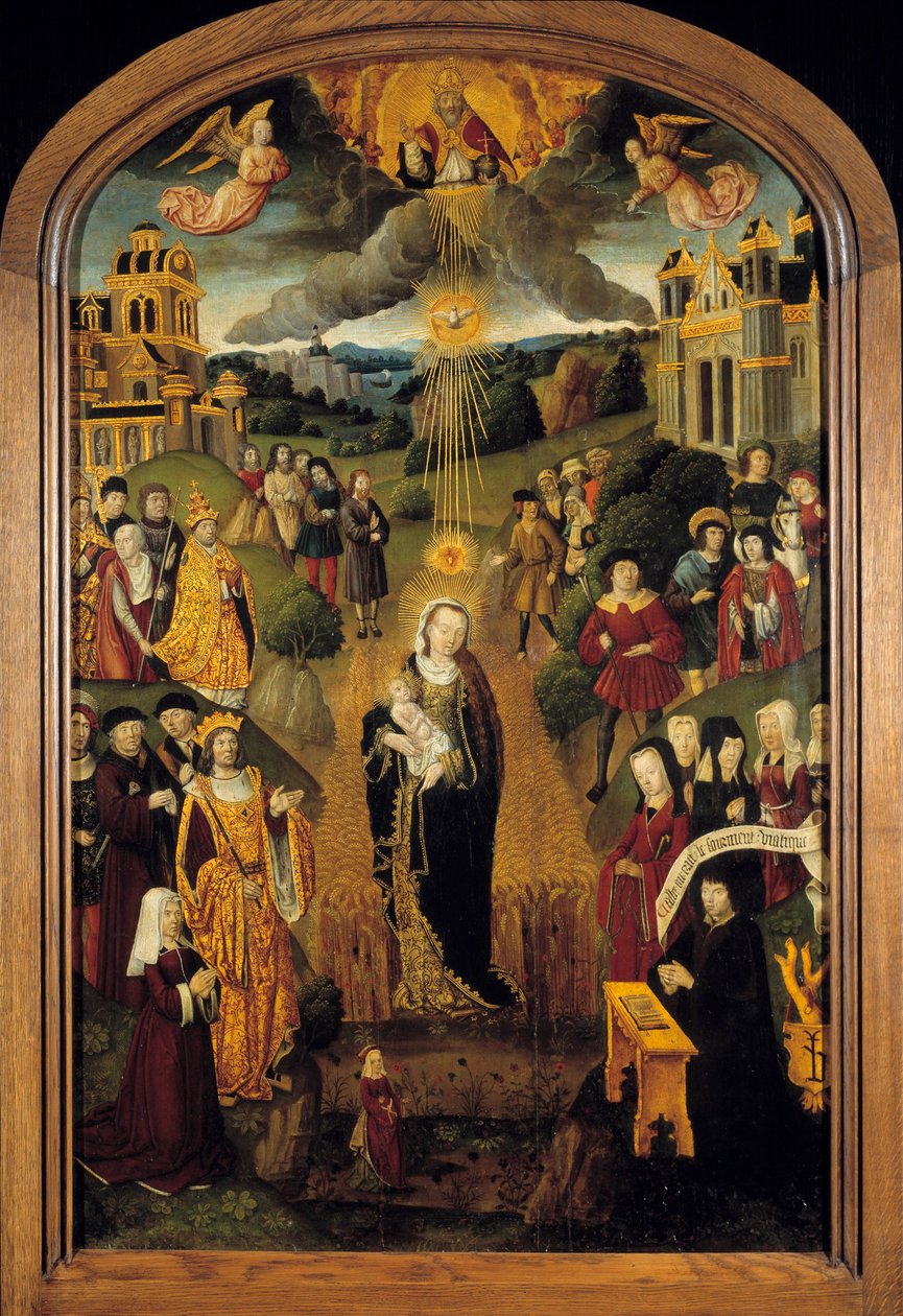 Jelen van a Szűz búzával XII. Lajos király (1462-1515) és VI. Sándor pápa (1431-1503). A Földgömböt tartó Mindenható Isten megáldotta a jelenetet, miközben a Szentlélek védelmezte a Szűzanyát és a Gyermeket. Festmény a 16. századi francia iskola fára alkotó: French School