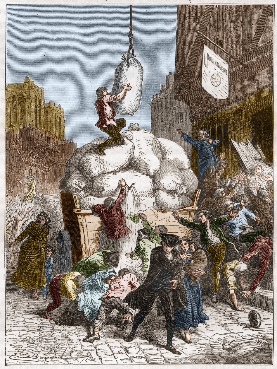 A lisztek háborúja: Pékségek kifosztása Párizsban, 1775 körül (a francia forradalom első szakaszában) (metszet) alkotó: French School