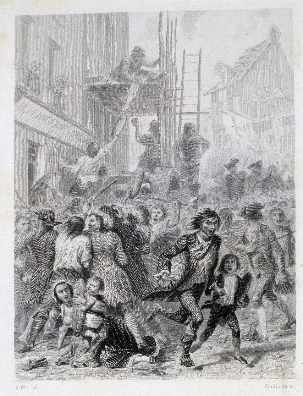A lisztek háborúja: lázadás egy pékség előtt 1775 májusában (a francia forradalom első gyümölcsei) alkotó: French School