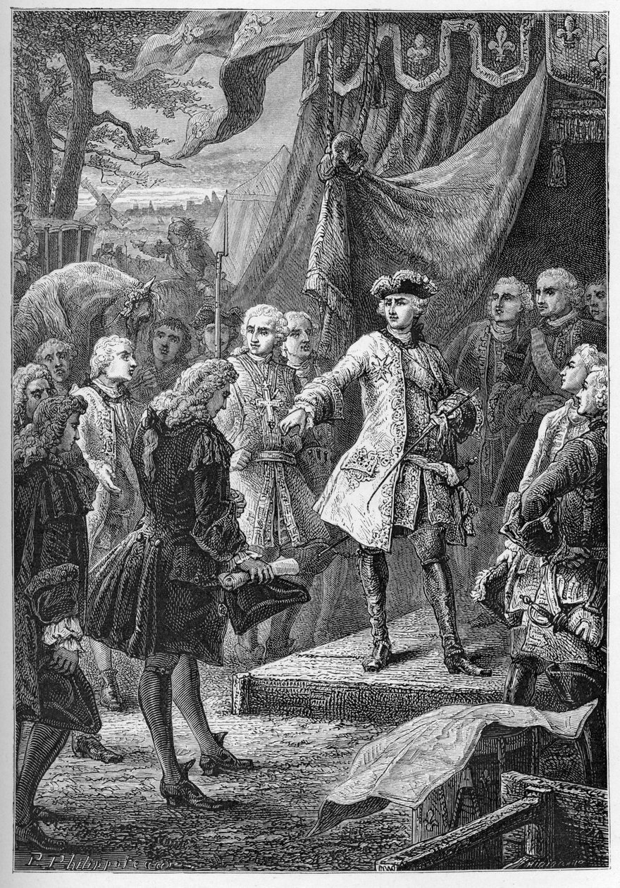Az osztrák örökösödési háború (1740-1748) - 1747-ben XV. Lajos előtt bemutatkoznak az Egyesült tartományok nagykövetei - Az osztrák örökösödési háború (1740-48) - XV. Lajos francia király és Hollandia nagykövete - metszet tól től "" alkotó: French School