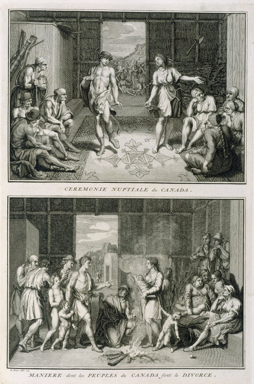 Az esküvői szertartás és a válás módja Kanadában, illusztráció a vallási szertartásokból és szokásokból, metszett: Bernard Picart (1673-1733) 1723 alkotó: French School