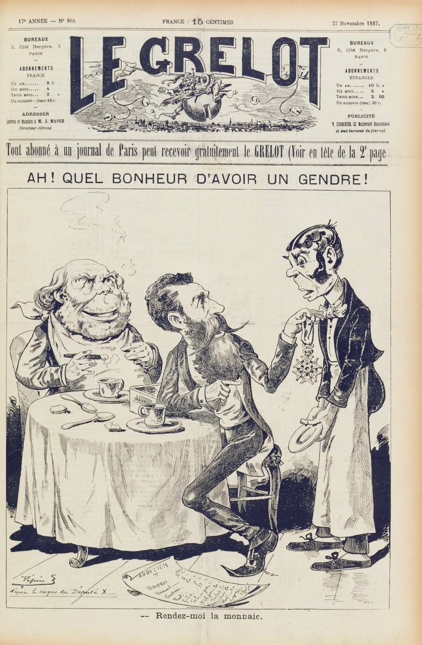 A Wilson-ügy, a Le Grelot címlapja, 1887. november 27 alkotó: French School