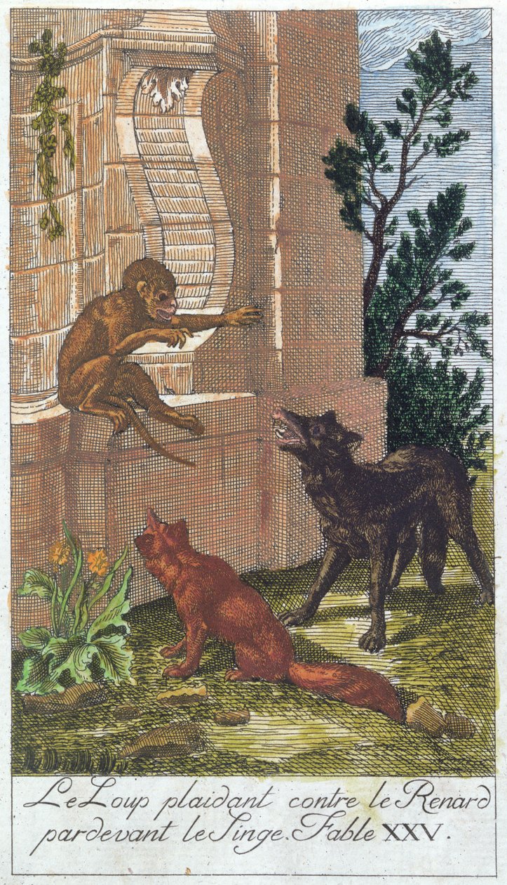 A farkas, a róka és a majom a Fables de La Fontaine-ből alkotó: French School