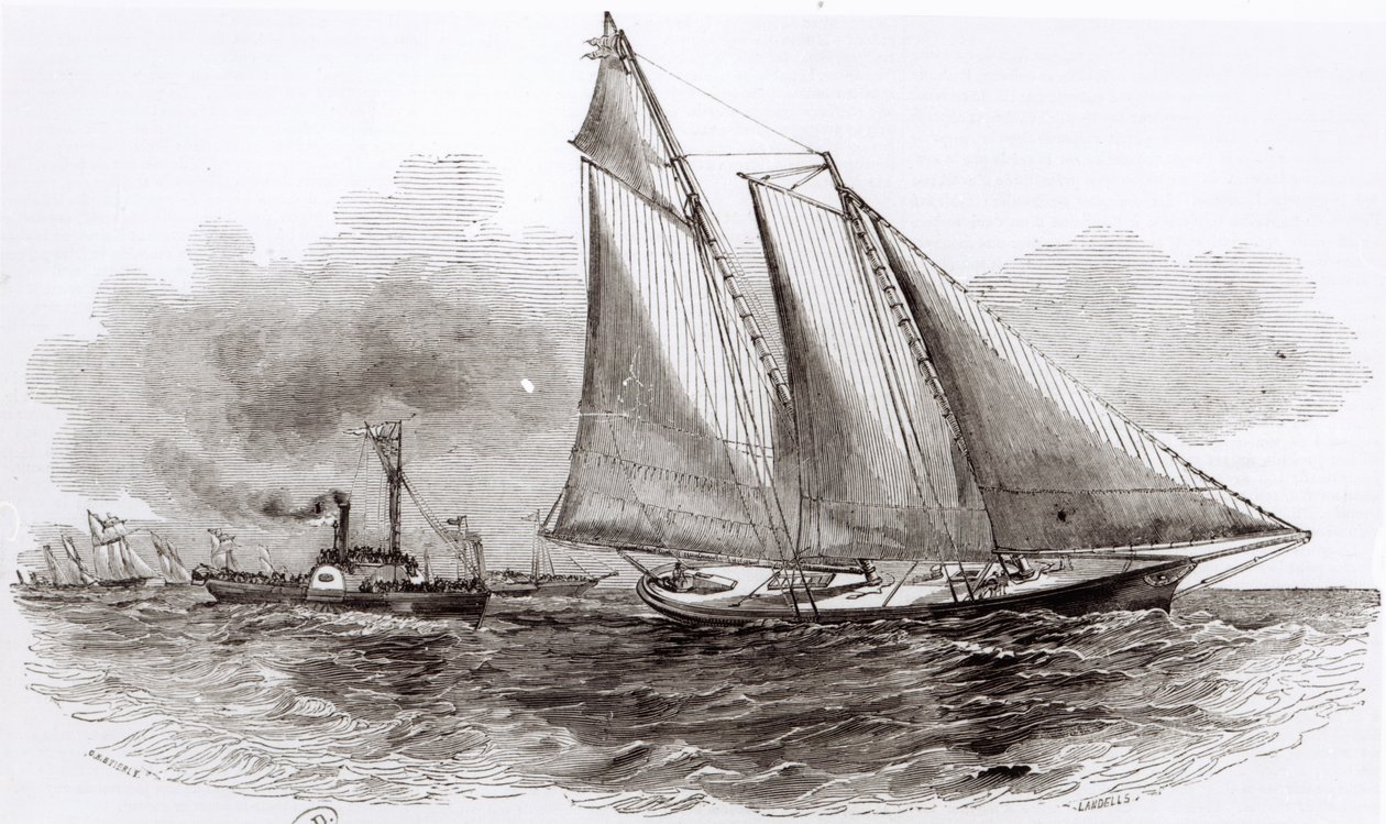 A Yacht America átvette a vezetést az 1851-es Cowes-regattán, a Le Monde Illustre-től, 1851 alkotó: French School