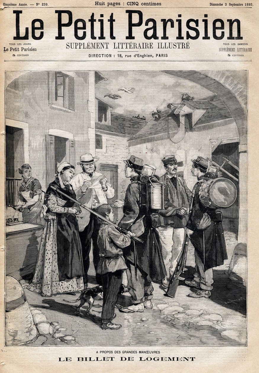 Az ágyra és gyertyára jogosító szállásjegyet gyakorlatok és nagy manőverek után osztják ki a katonáknak. A „Le petit Parisien” című újság egyike, 1893.09.03. (metszet) alkotó: French School