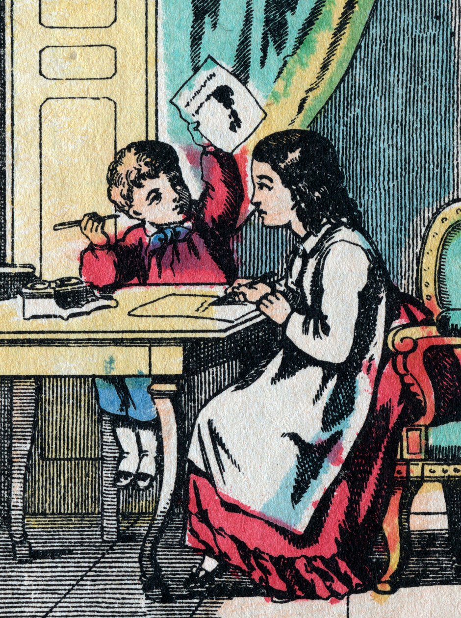Tevékenységek jó családból származó lányoknak: segítünk egy kistestvérnek a házi feladatban - Epinal kép - 19. század (metszet) alkotó: French School