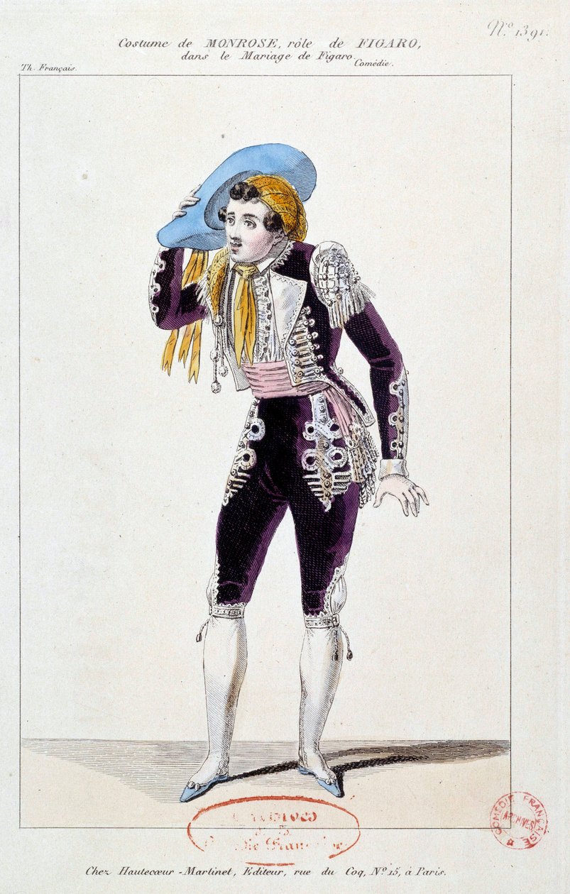 A színész, Claude Louis Seraphin Barizain (vagy Barisain) alakította Monrose-t (1783-1843) Figaro szerepében a Le mariage de Figaro című filmben”, Pierre Augustin Caron de Beaumarchais (1732-1799) 1784 Párizs, Comedie francaise alkotó: French School