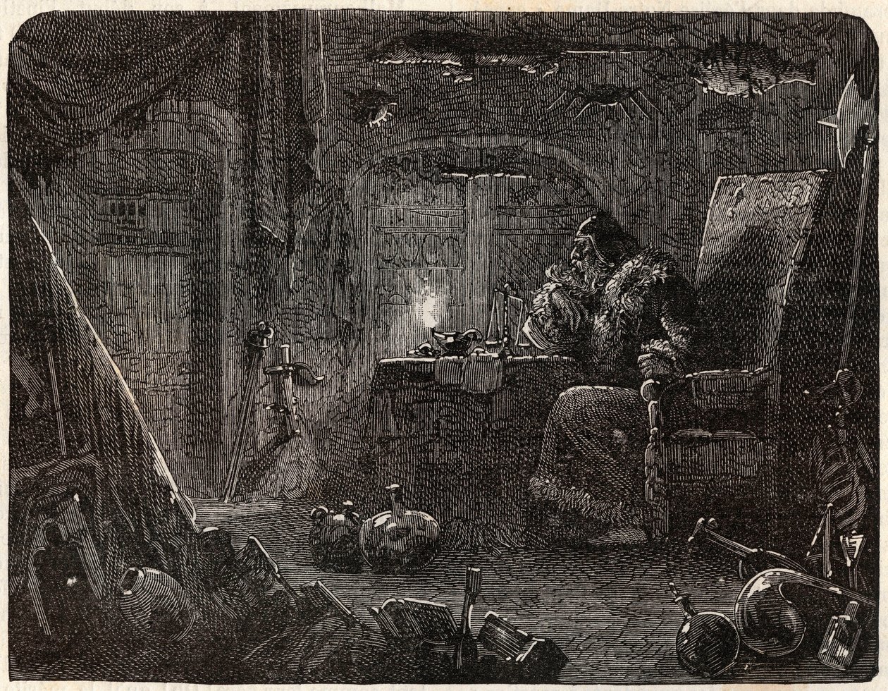 Az alkimista, aki megígérte, hogy aranyat készít, a laboratóriumában dolgozik: az alkimista a 17. században - Nicolas Jules Henri Gourdon de Kennouillac (1826-1898) „Paris a travers les cules”-ban. alkotó: French School