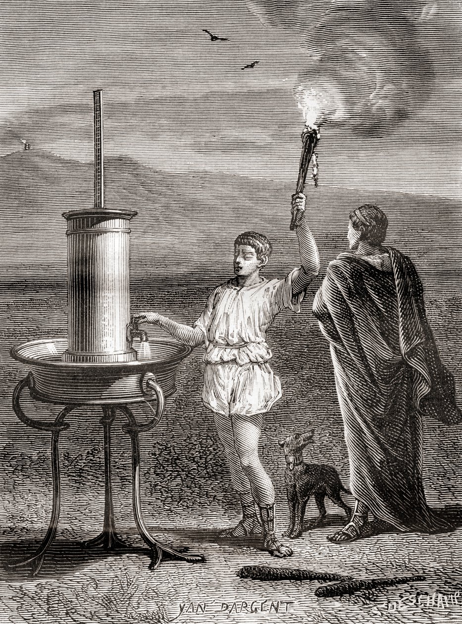 Az ókori görög hidraulikus szemaforrendszer, amelyet Aeneas használt üzenet küldésére, ie 4. században, a Les Merveilles de la Science-ből, 1870 körül megjelent (metszet) alkotó: French School
