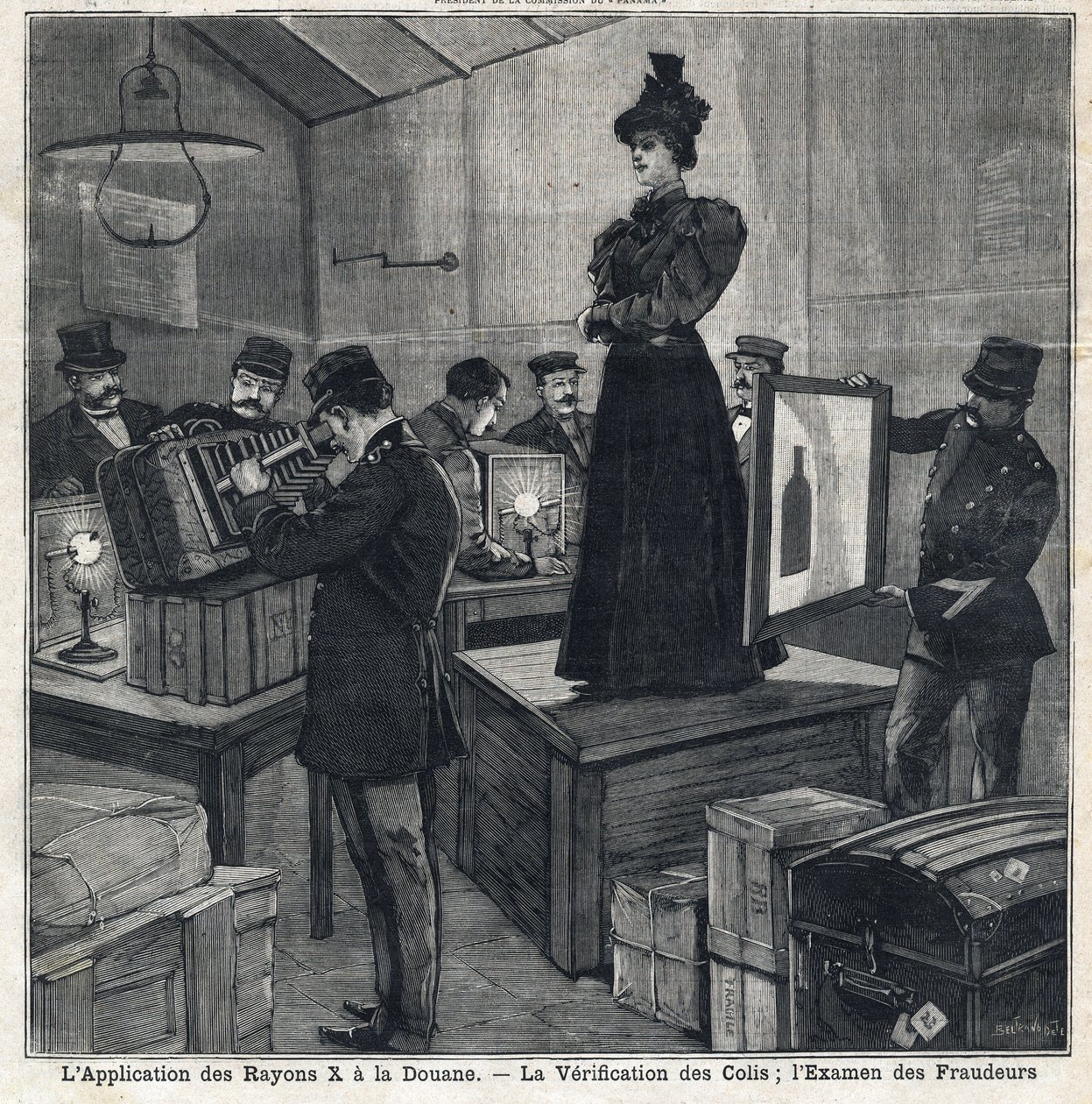 A röntgen (röntgen) alkalmazásának szokásai vannak: csomagok ellenőrzése és csalók vizsgálata. A „” Le Peute Parisien”-ben 1897.11.07. Magángyűjtemény alkotó: French School