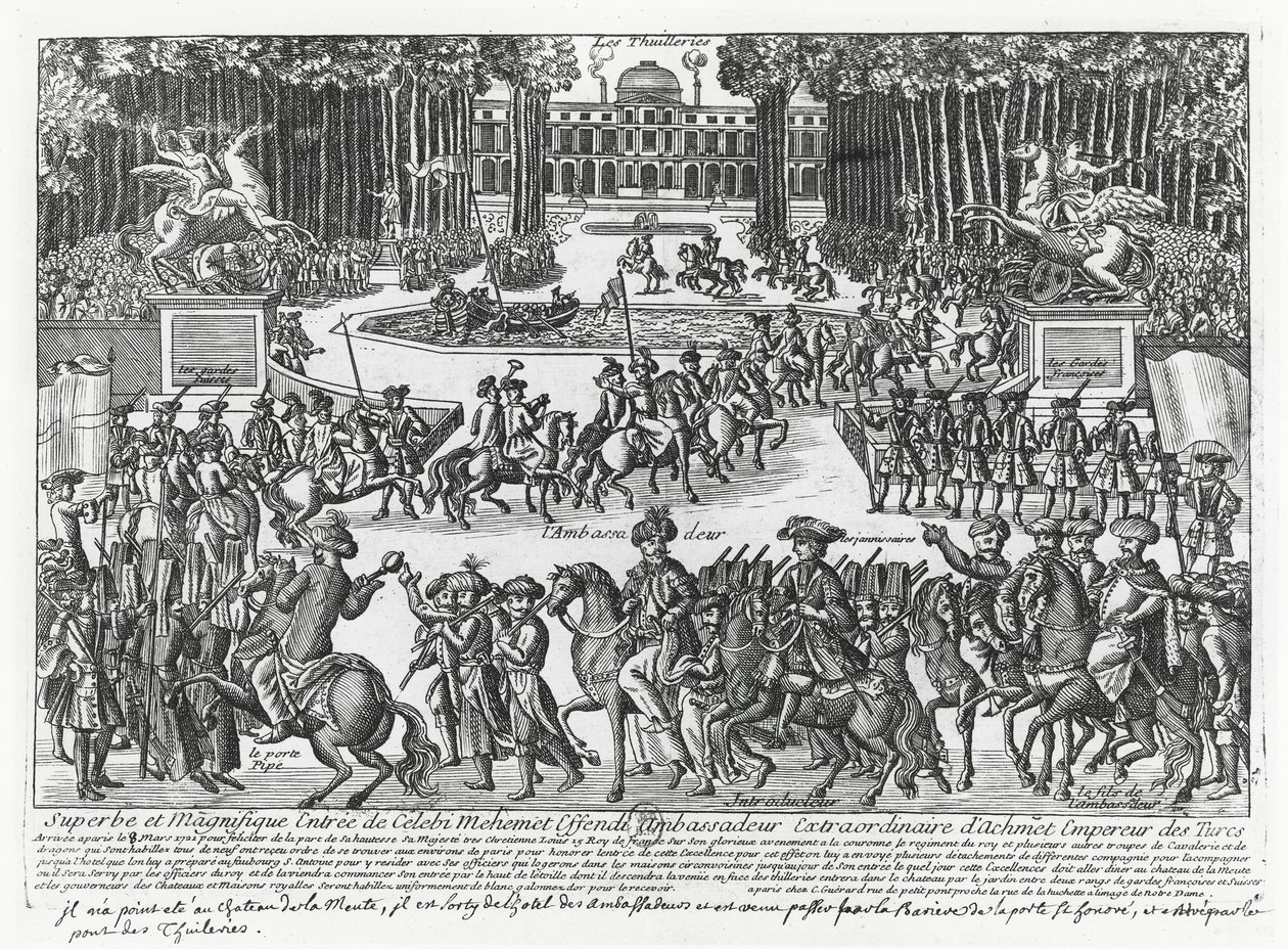 Mehmed Celebi Efendi, III. Ahmed török szultán nagykövetének érkezése a Tuileriákba, hogy XV. Lajos fogadja 1721-ben (metszet) alkotó: French School