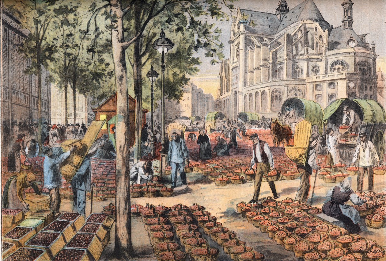 Szamóca érkezése a Szent Eustache-templom mögötti csarnokok csempére, a „Le Petit Parisien” újságból” alkotó: French School