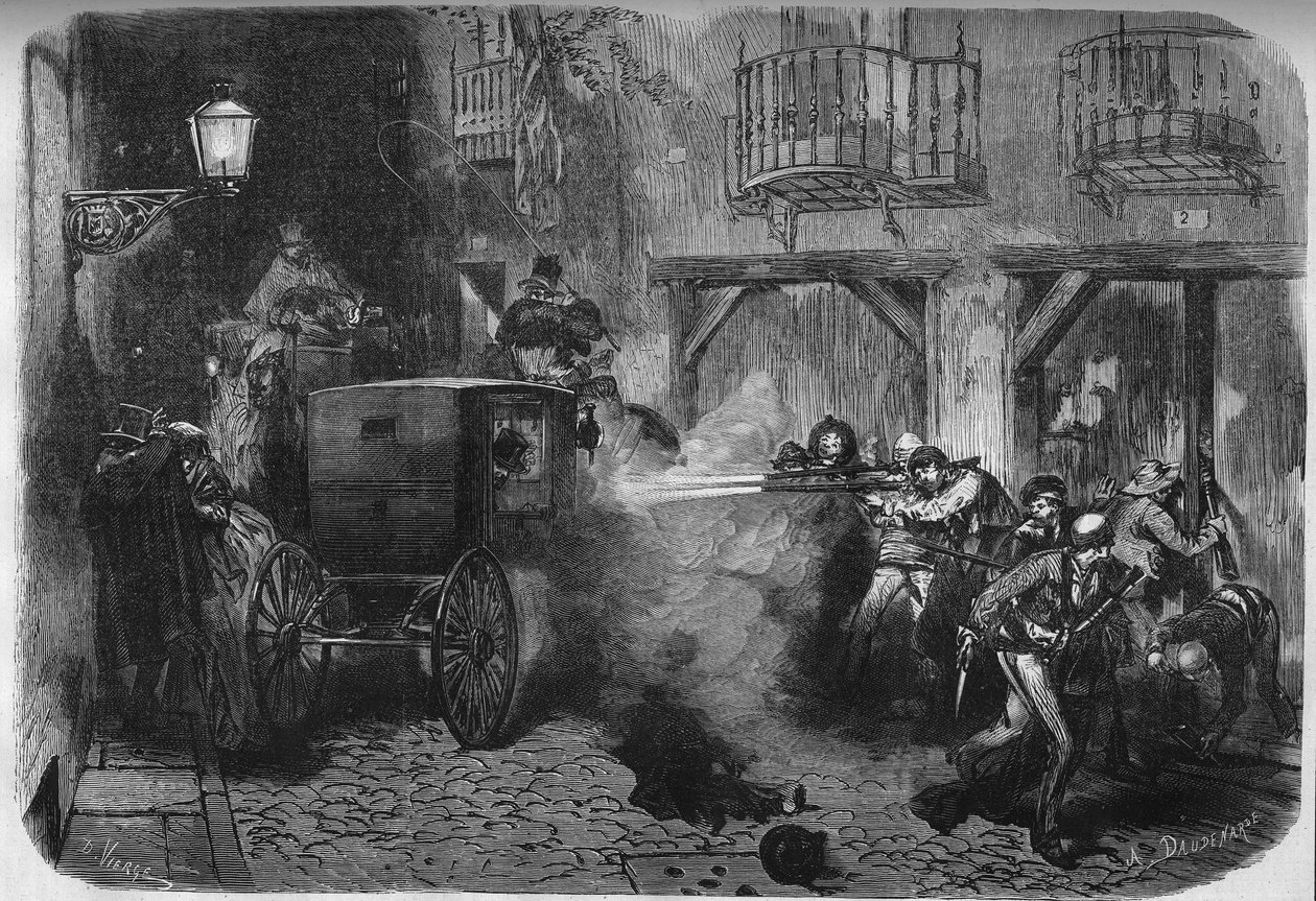 Juan Prim y Prats (1814-1870), spanyol tábornok és politikus meggyilkolása a Cortesból való kilépéskor, Madridban, a del Turco utcában 1870. december 28-án. Metszet a „” Le Monde Illustré”” 724. sz. 1871. február 25. alkotó: French School