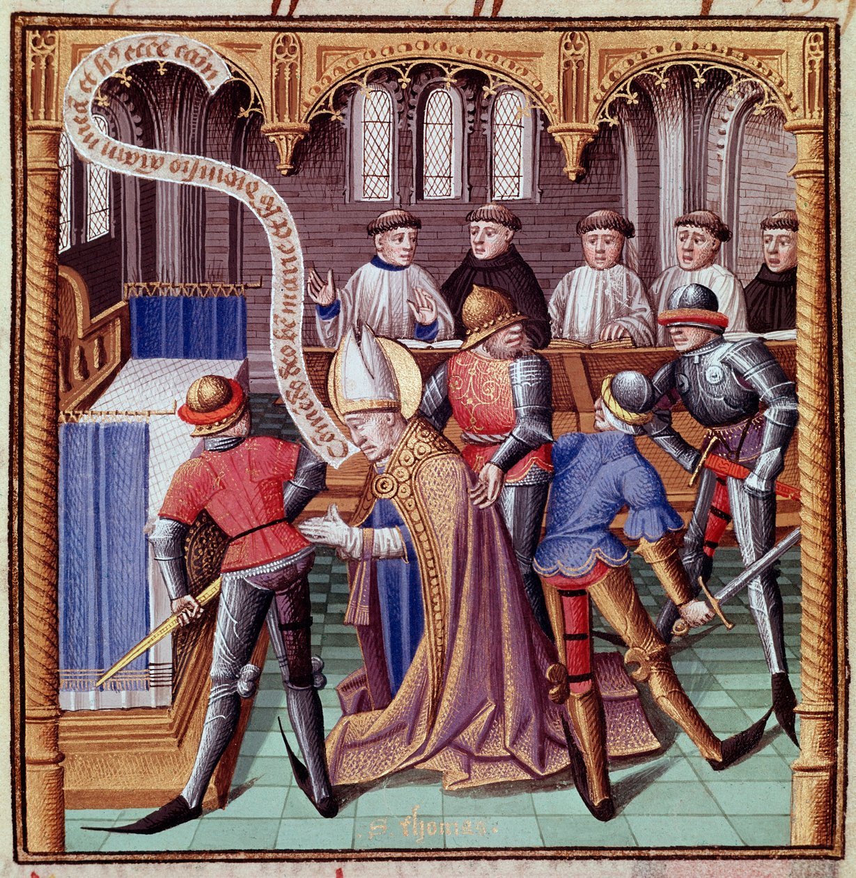 Thomas Becket meggyilkolása 1170-ben (Canterburyi Szent Tamás meggyilkolása) Miniatúra Vincent de Beauvais (1190-1264) "Le miroir historial" (Speculum Historiale) című művéből, amelyet Jean de Vignay fordított franciára. alkotó: French School