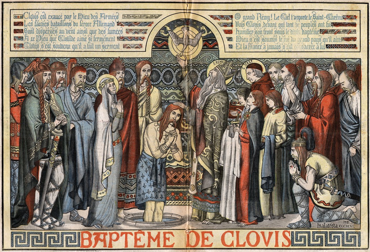 Clovis 1. (466-511) megkeresztelkedése Reimsben, 496. december 25. MALATESTA (MALTESTE Henri Theodore) illusztrációja a „Le Pelerin”-ben, augusztus 23-án alkotó: French School