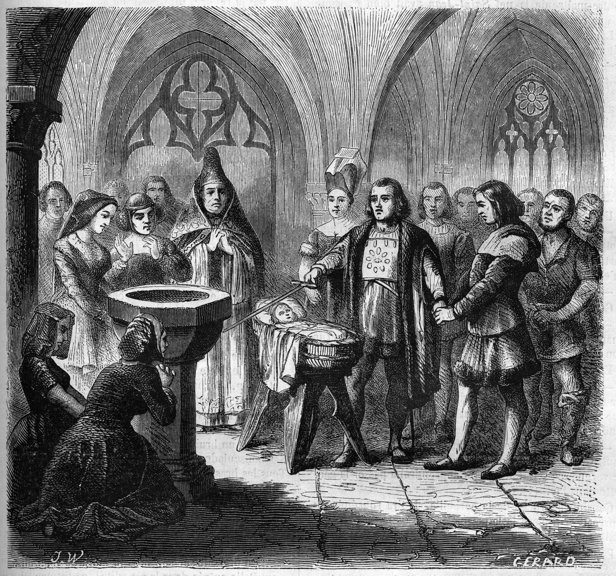 John (Jehan) Ango (1488-1551), leendő hajós megkeresztelkedése a Dieppe-i Szent Remi templomban. Metszet 1865-1866. alkotó: French School