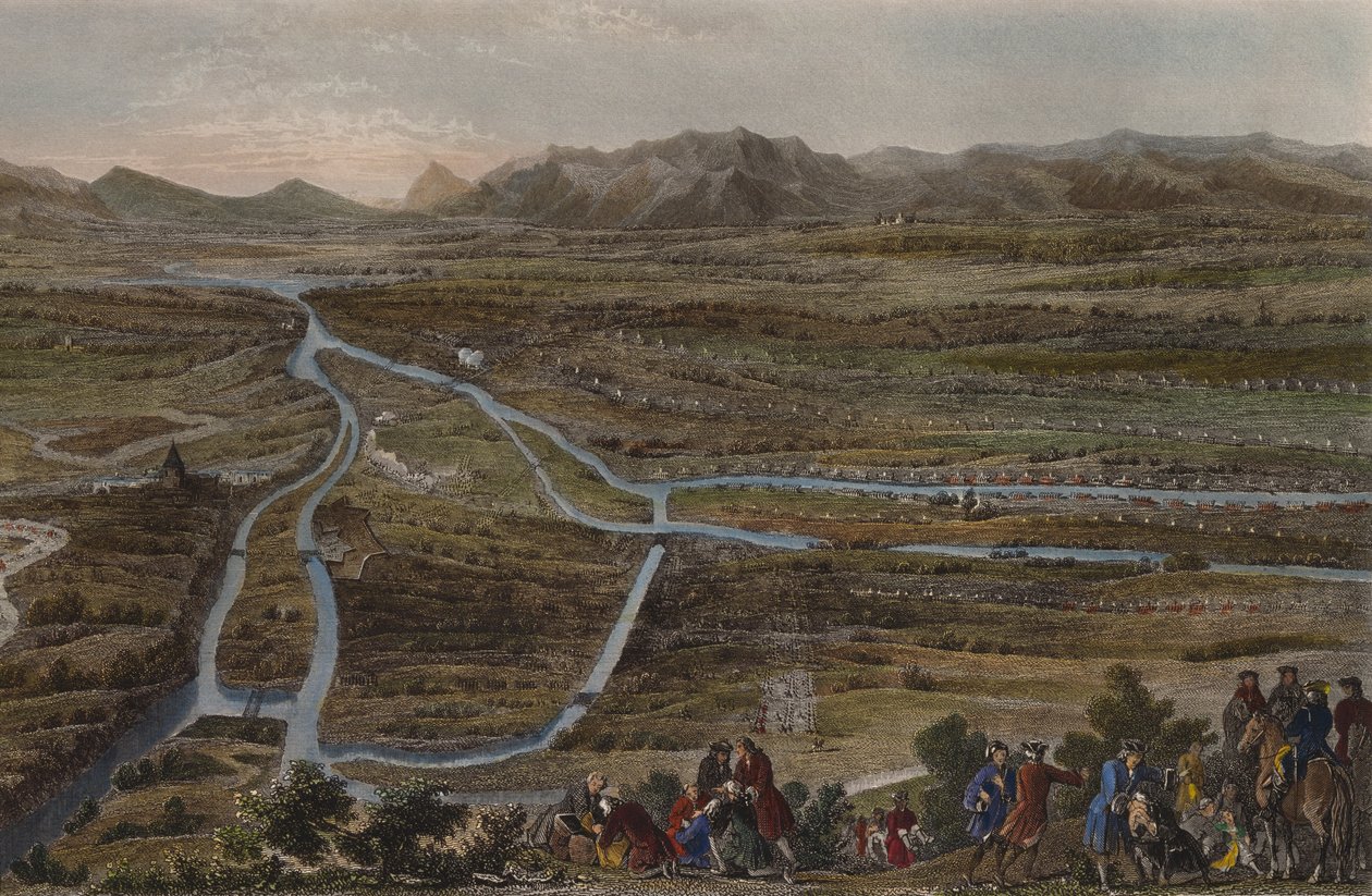 A cassanói csata 1705. augusztus 16-án, Chavanne metszet (színes metszet) alkotó: French School