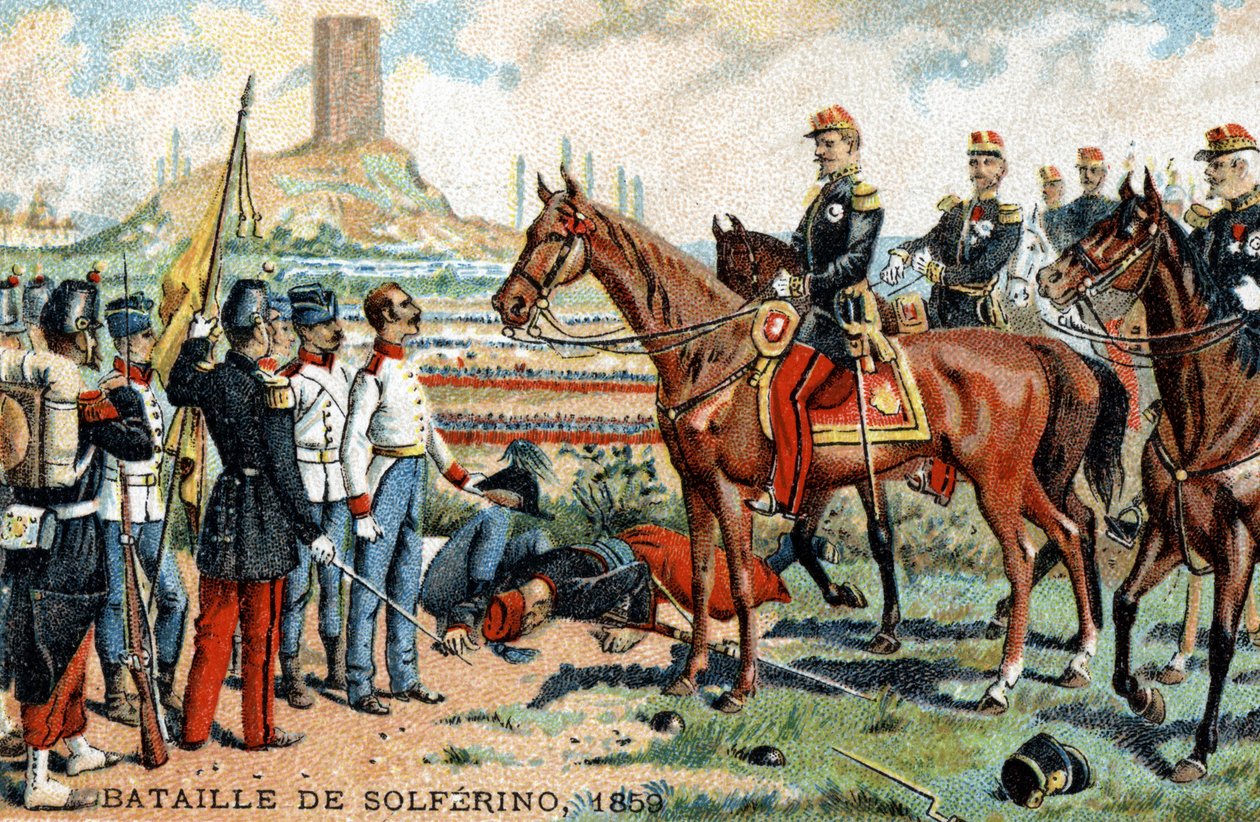 Solferinói (Olaszország) csata a francia-szardíniai (győztes) és az osztrák (legyőzött) seregek között 1859-ben. A XIX. század kromolitográfiája. alkotó: French School