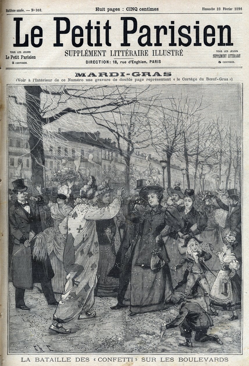 Konfetticsata a párizsi körúton Mardi Gras (Mardi-Gras) idején. "Le petit Parisien" metszet alkotó: French School
