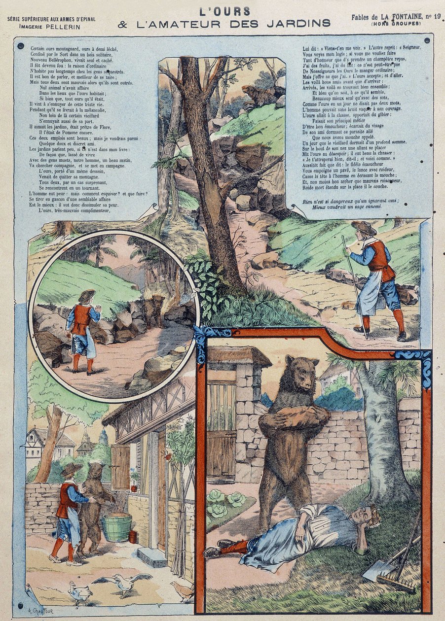 A medve és a kert szerelmese - Fables de La Fontaine Epinal képeiben alkotó: French School