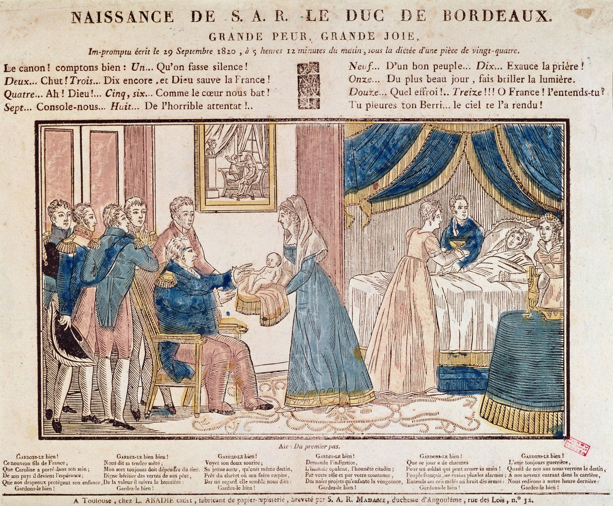 Henri Charles Ferdinand Marie Dieudonne de France születése, Bordeaux herceg, Comte de Chambord 1820. szeptember 29-én (színes fametszet) alkotó: French School
