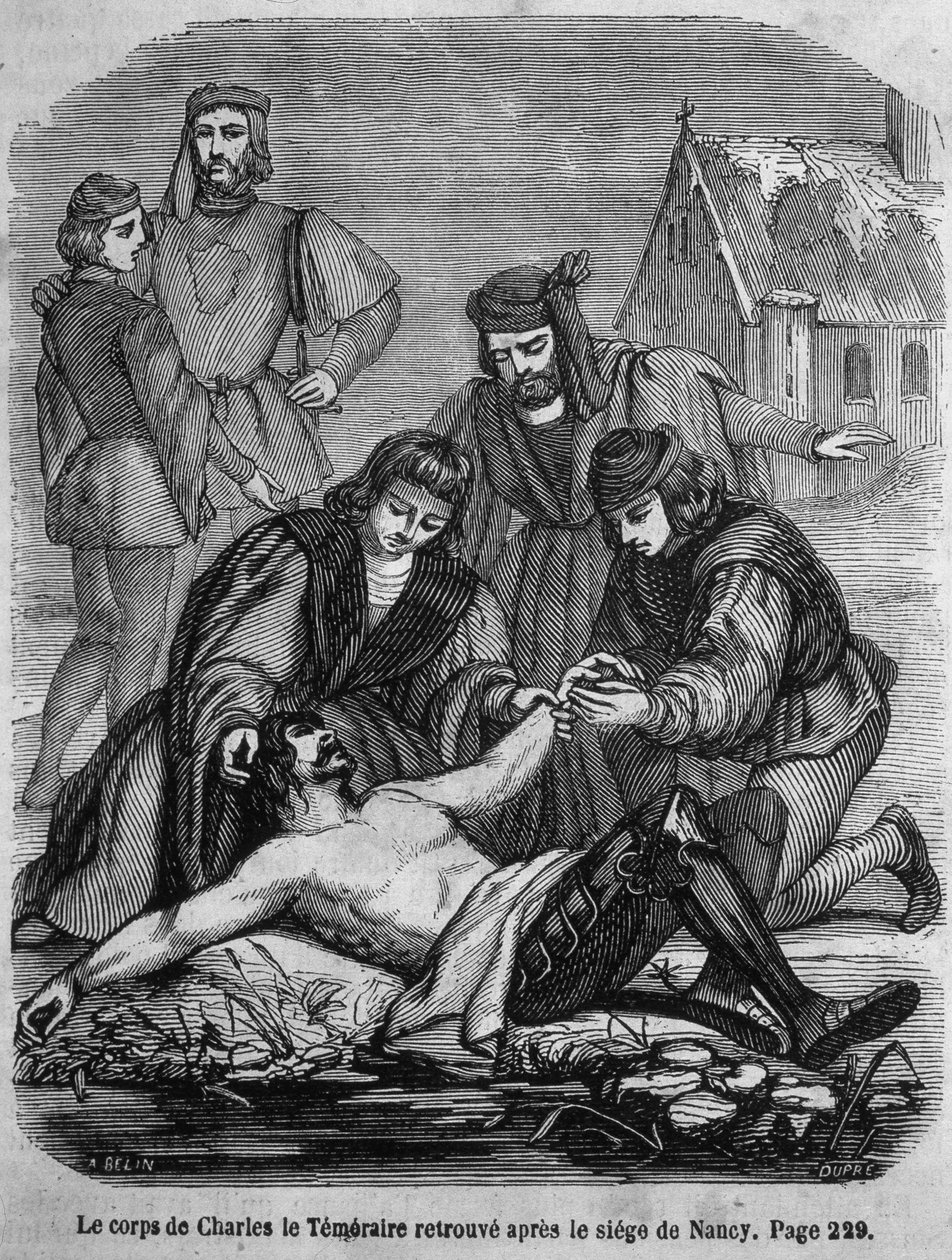 Merész Károly (1433 - 1477) holttestét Nancy ostroma után találták meg – L.-P. „Histoire de France”-ban. Anquetil alkotó: French School