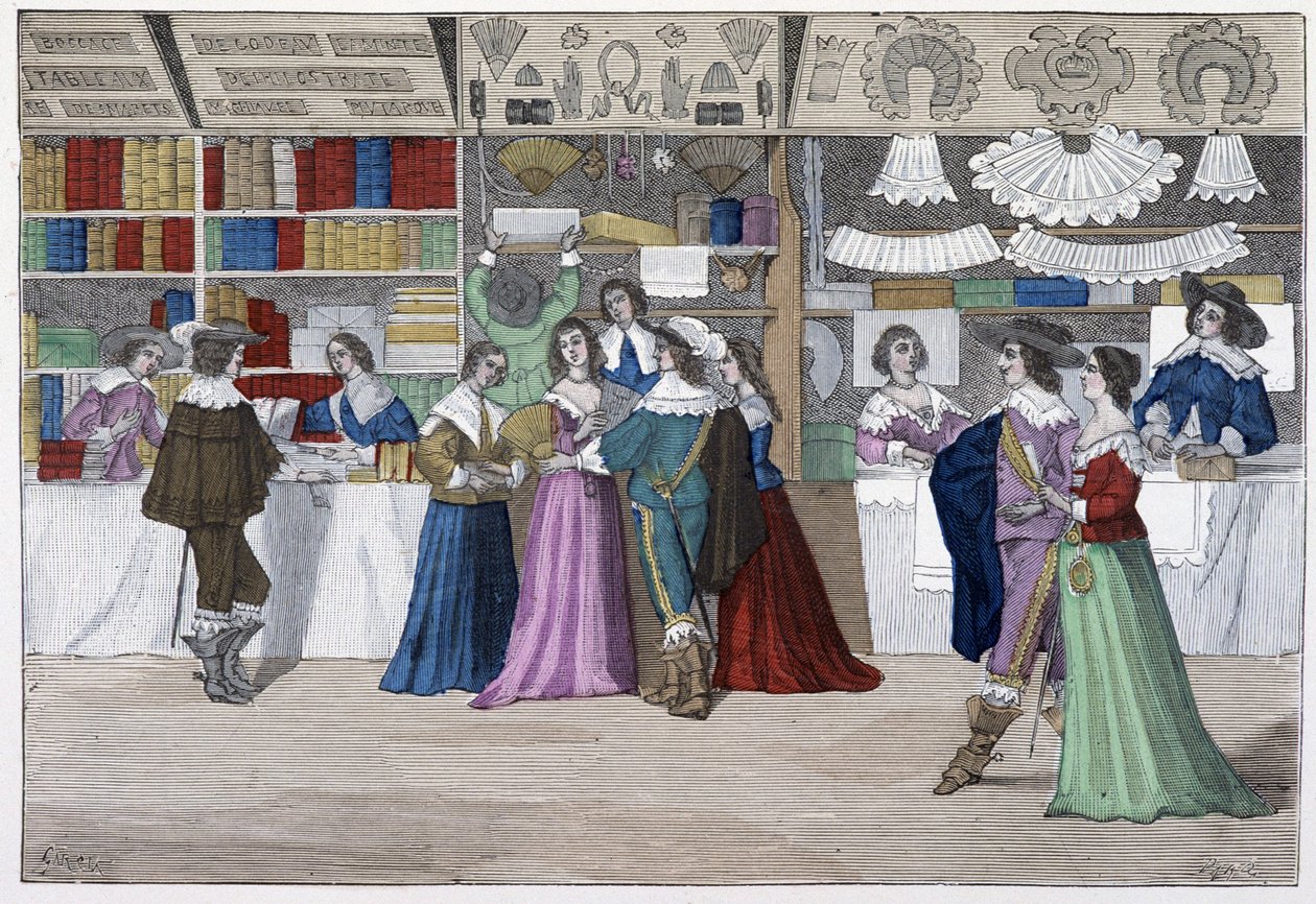 A XIII. Lajos alatti bírósági épület galériájának butikjai - „Párizsban az évszázadokon át” alkotó: French School