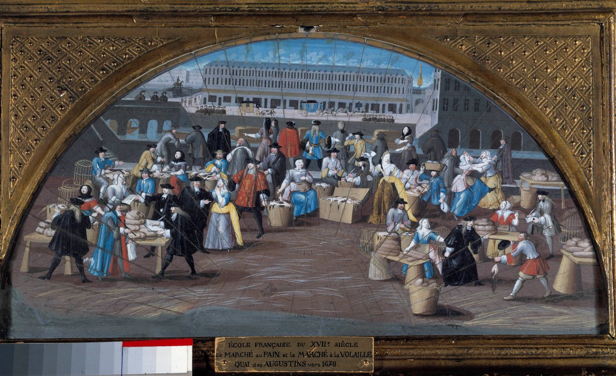 Kenyér- és baromfimenet a Quai des Augustins-on 1670 körül. A francia iskola festménye 17. század. Párizs, Musee Carnavalet alkotó: French School
