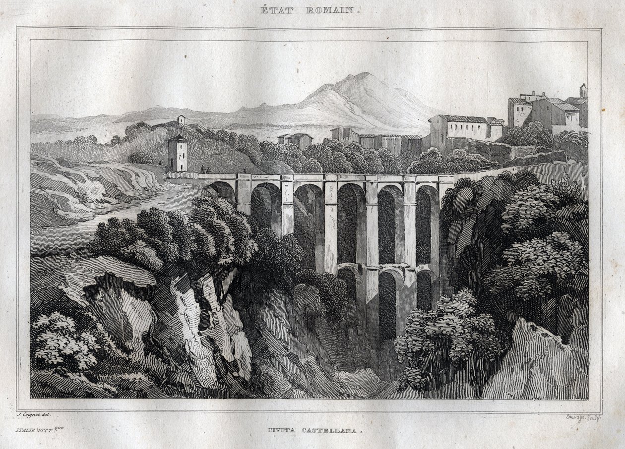 A hídnak kettős árkádjai vannak - CIVITA CASTELLANA - Viterbo tartomány - Olaszország - Metszet a „” Italy Festői” - Olaszország történelmi és leíró festményeiből” M. de Norvins, Ch. Nodier 1834-1836. alkotó: French School