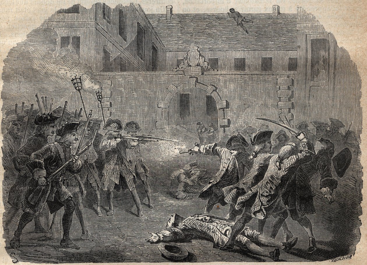 Louis Dominique Garthausen dit Cartridge brigand (1693-1721) és társai, akik a párizsi Hotel Desmaretz dezsuitázására készülnek, ádáz küzdelem után meglepődnek, és az íjászok megtámadják, a háztetőkön keresztül menekülnek - Louis Domini francia brigand alkotó: French School