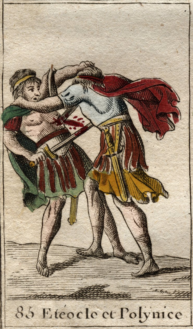 Eteoklész és Polinisz testvérek, Oidipusz fiai, egymást ölik) Pierre Blanchard „Mythologie de la jeunesse” című művéből, 1803. alkotó: French School