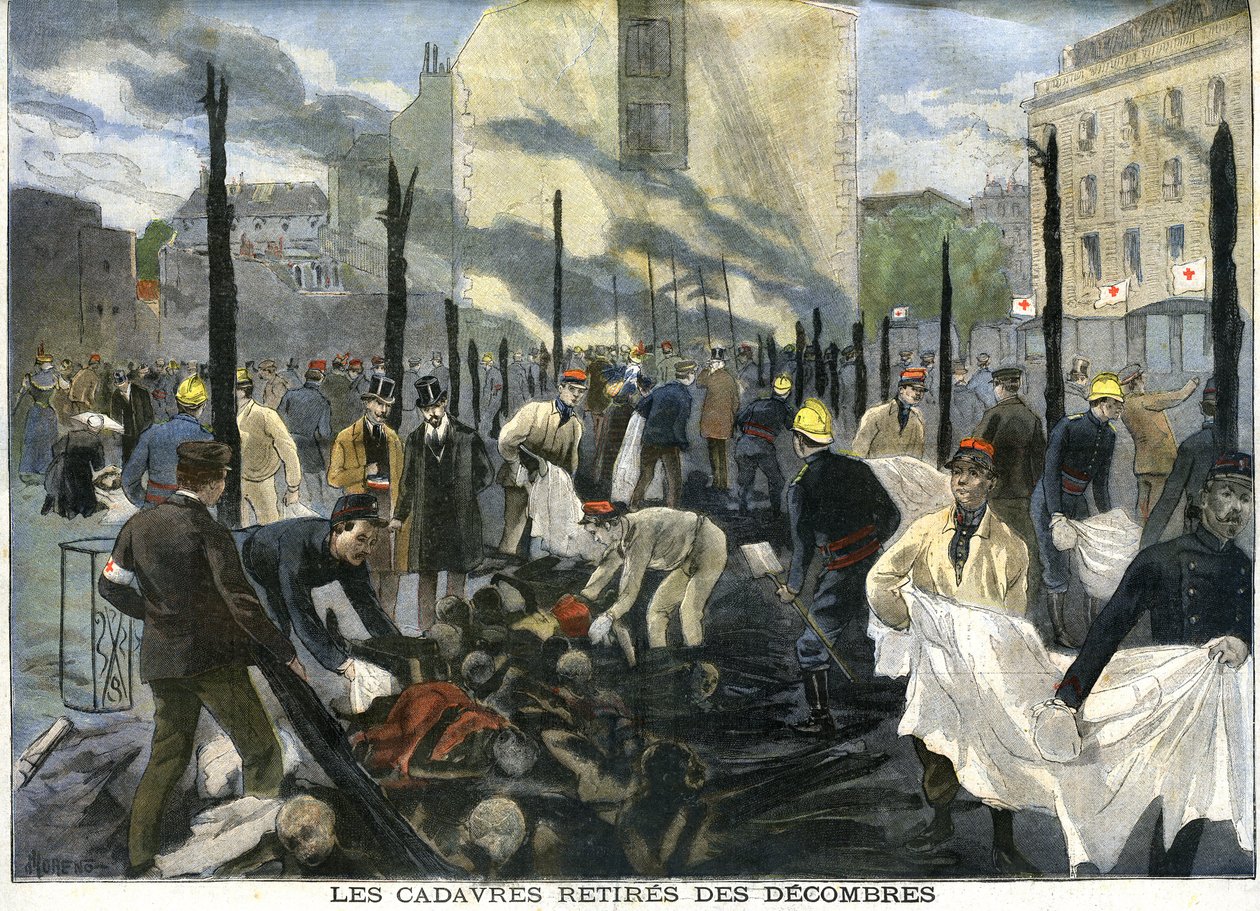 A Charité Bazár felgyújtása, a holttesteket a mentők távolították el a romok közül alkotó: French School