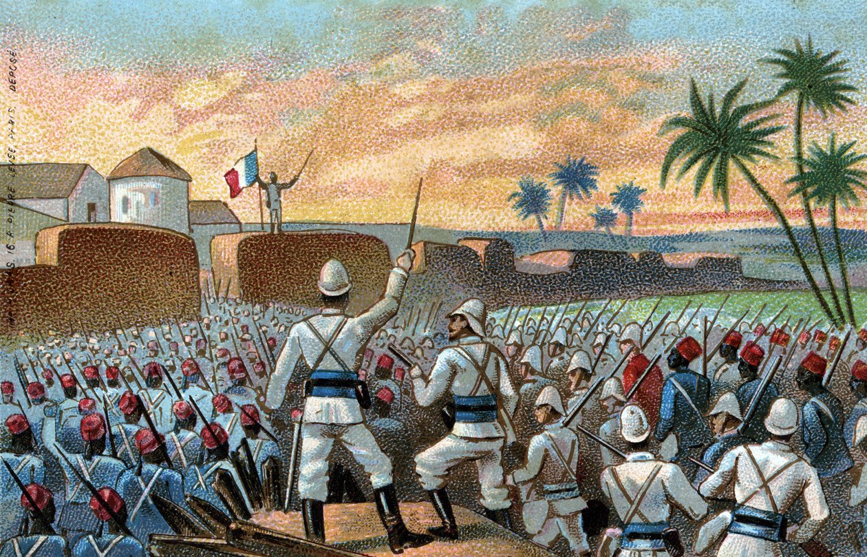 Abomey, Behanzin egykori fővárosa (ma Benin) elfoglalása a francia expedíciós erők által Alfred Amedee Dodds tábornok megbízásából (november 17. alkotó: French School