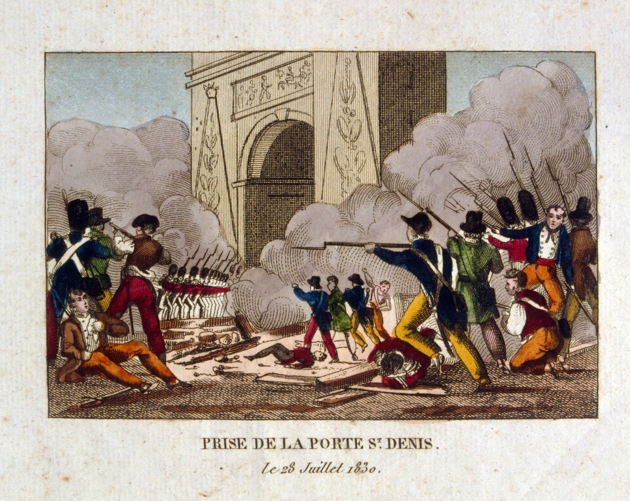 A párizsi St Denis-kapu elfoglalása az 1830-as francia forradalom idején. alkotó: French School