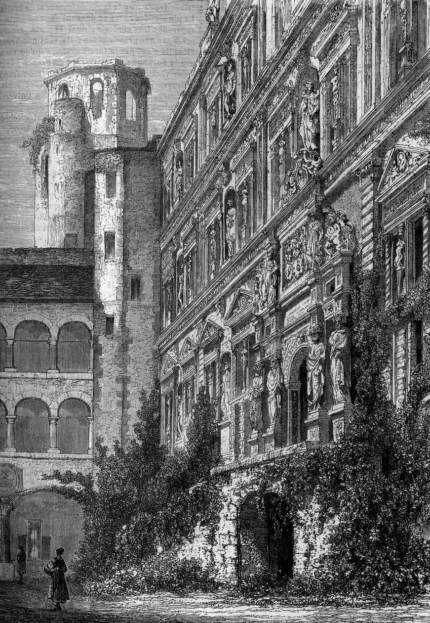 A németországi heidelbergi kastély, amely Európa egyik leghíresebb univerzálisának ad otthont a 19. században. Metszet a „La jeunesse” híres folyóiratban alkotó: French School