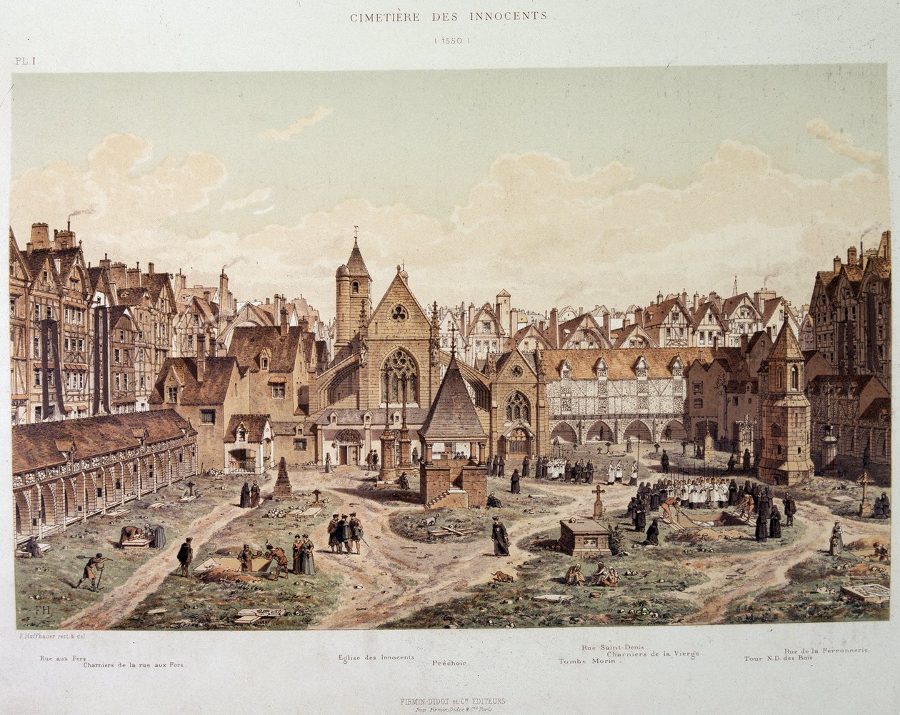 Az Ártatlanok temploma és temetője 1550-ben - „Paris a travers les ages”-ben, 19. század végén. alkotó: French School