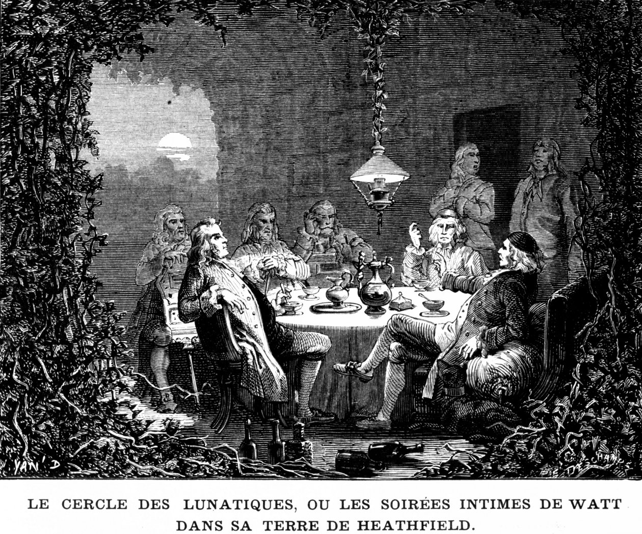Az őrültek köre, vagy Watt meghitt estéi Heathfield földjén – a „” Album of Science-ben; jeles tudósok; Nagy felfedezések””” 1896. alkotó: French School