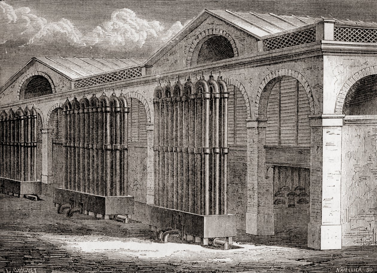 Széngáz kondenzátor üzem La Villette-ben, Párizs, Franciaország a 19. században, a „Les Merveilles de la Science”-ből, 1870 körül megjelent (metszet) alkotó: French School