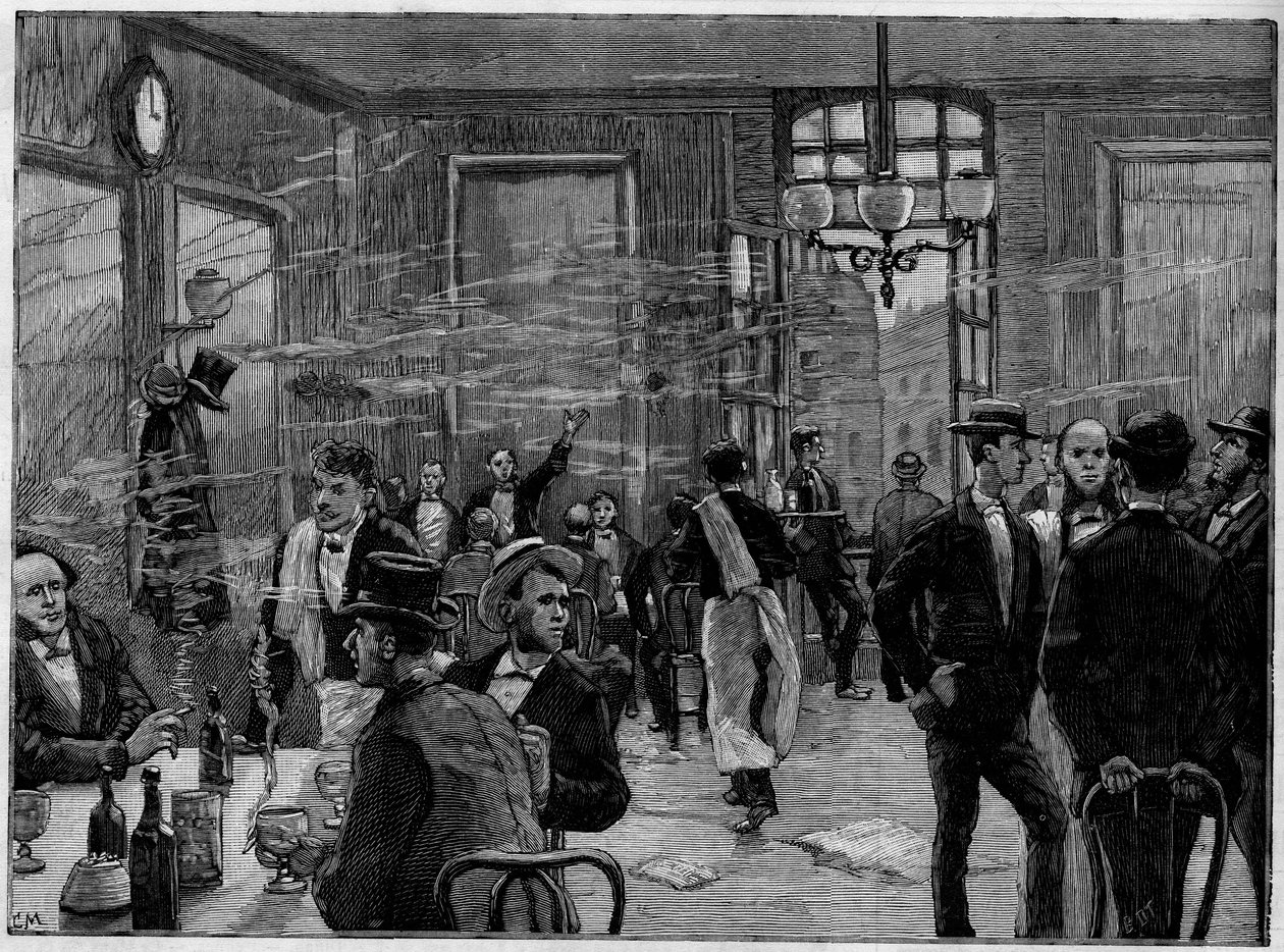 A kávésfiúk a párizsi Rue Montmartre egyik intézményében, „A jeles világban”” 1886. alkotó: French School